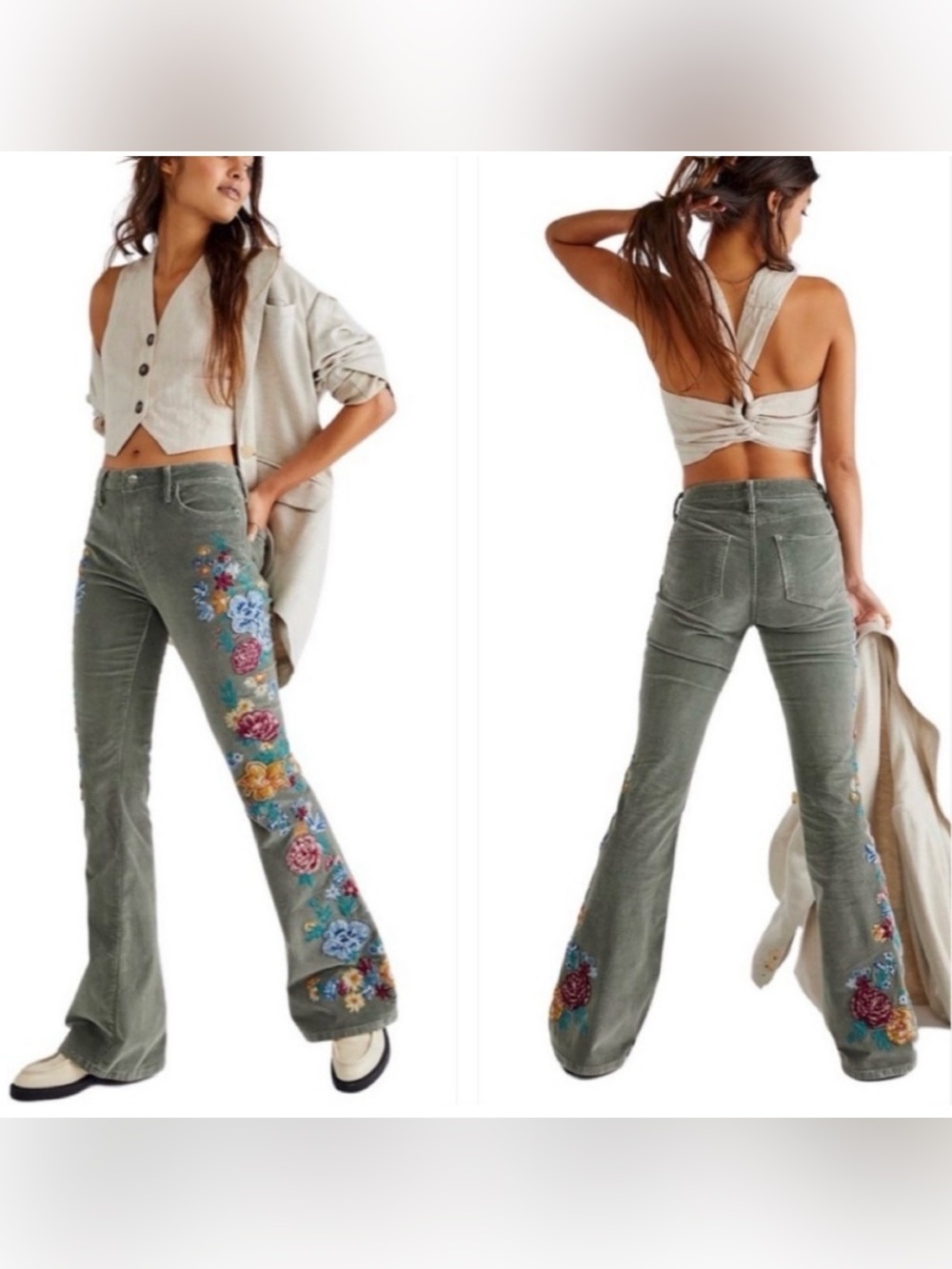 DRIFTWOOD x Free People Farrah Embroidered Corduroy Flare Pants Green Wide Leg - Picture 16 of 16